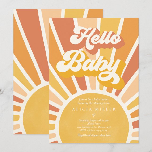 Sunshine Baby Shower Boho Retro Yellow Sunshine Invitation (Front/Back)
