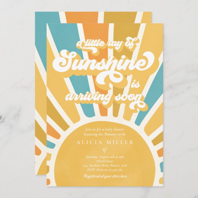 Sunshine Baby Shower Boho Retro Yellow Sunshine Invitation (Front/Back)