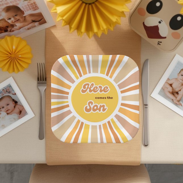 Sunshine Baby Shower Boho Retro Yellow Sunshine Paper Plate (Creator Uploaded)