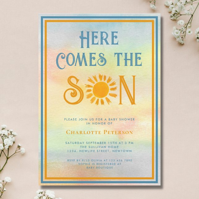 Sunshine Baby Shower Here Come The Son Invitation (Creator Uploaded)