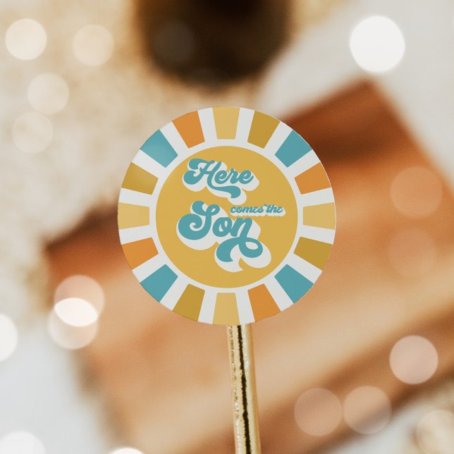 Sunshine Baby Shower Here Come The Son Yellow Rays Classic Round Sticker (Creator Uploaded)