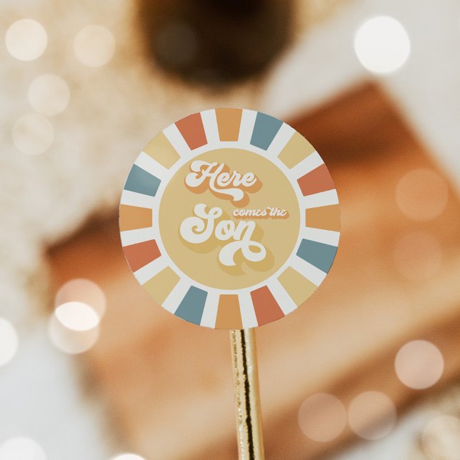 Sunshine Baby Shower Here Come The Son Yellow Rays Classic Round Sticker (Creator Uploaded)