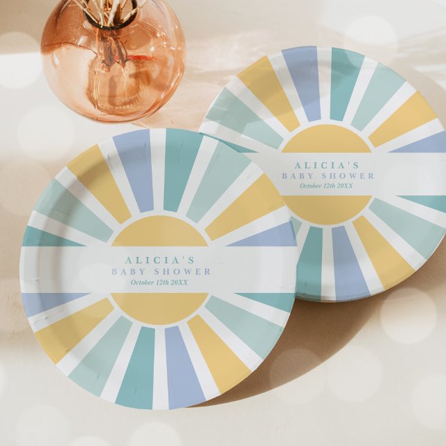 Sunshine Baby Shower Here Come The Son Yellow Rays Paper Plate (Creator Uploaded)