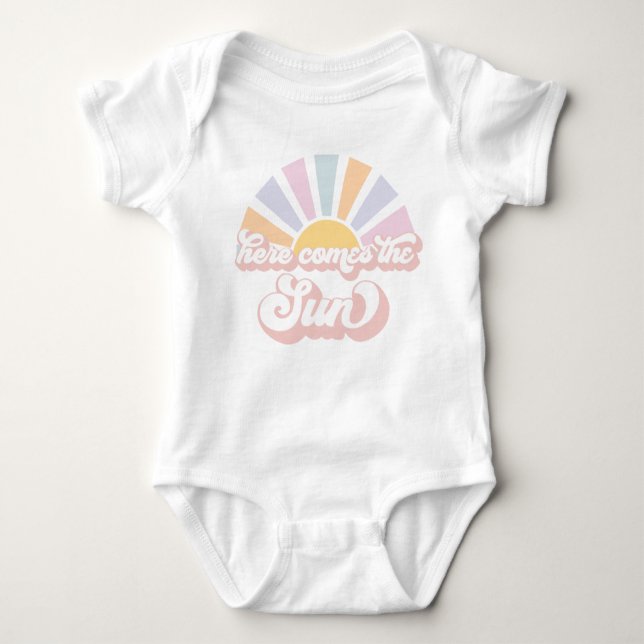 Sunshine Baby Shower Here Come The Sun Pink Rays Baby Bodysuit (Front)
