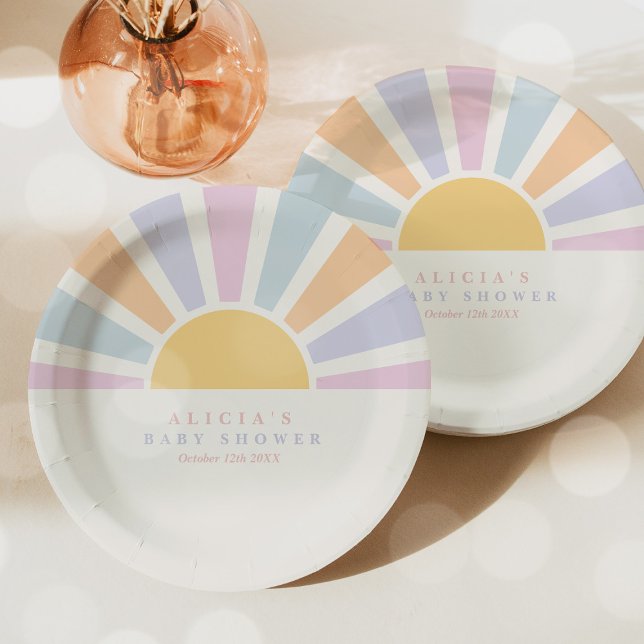 Sunshine Baby Shower Here Come The Sun Pink Rays Paper Plate (Creator Uploaded)