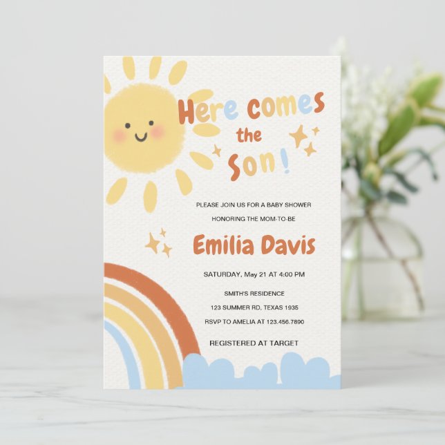 Sunshine Baby Shower Invitation Here Comes the Sun (Standing Front)