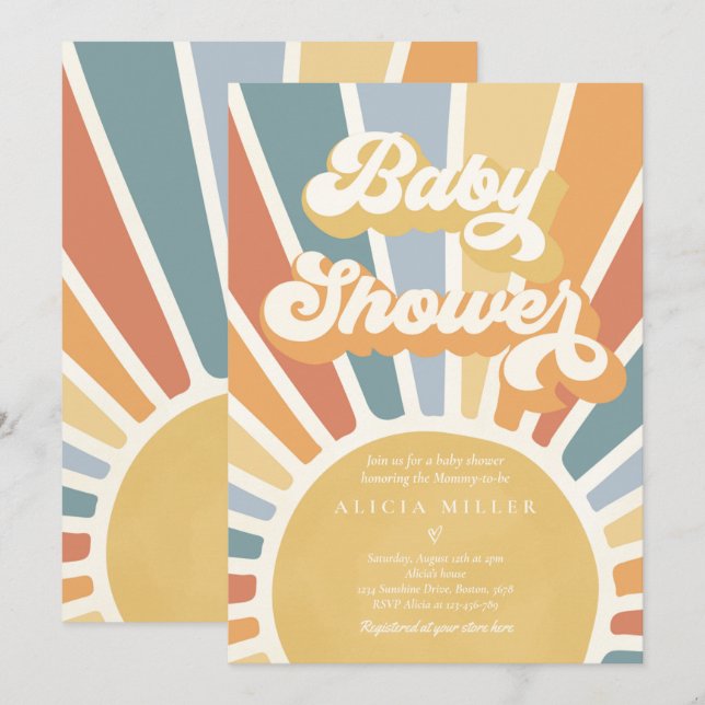 Sunshine Baby Shower Muted Boho Retro Sunshine Invitation (Front/Back)