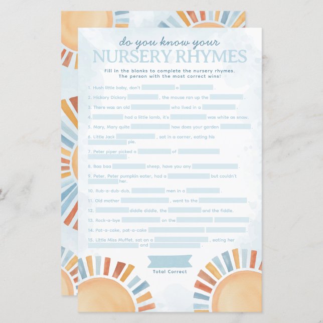 Sunshine Baby Shower Nursery Rhyme Game (Front/Back)
