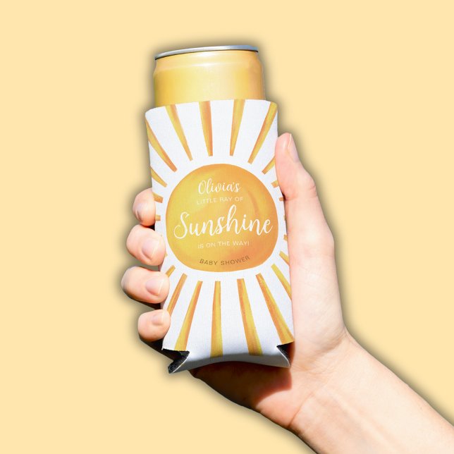 Sunshine Baby Shower Seltzer Can Cooler ("Little Ray of Sunshine" baby shower can cooler with editable text.)