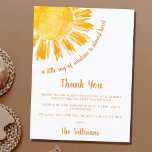 Sunshine Baby Shower Thank You Postcard<br><div class="desc">This baby shower thank you card features the text "A little ray of sunshine is almost here!" with a yellow watercolor sun. Perfect for a gender-neutral baby shower. Easily customisable. Use the Design Tool to change the text size, style, or colour. Because we create our artwork you won't find this...</div>