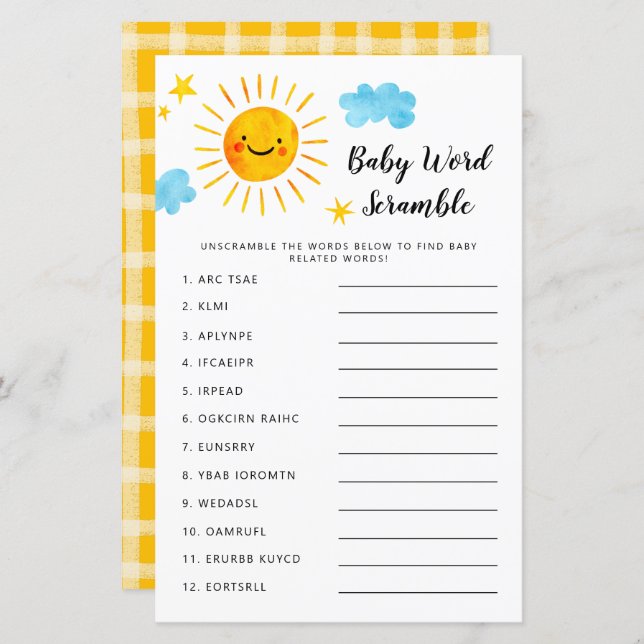 Sunshine Baby Shower Word Scramble Game (Front/Back)