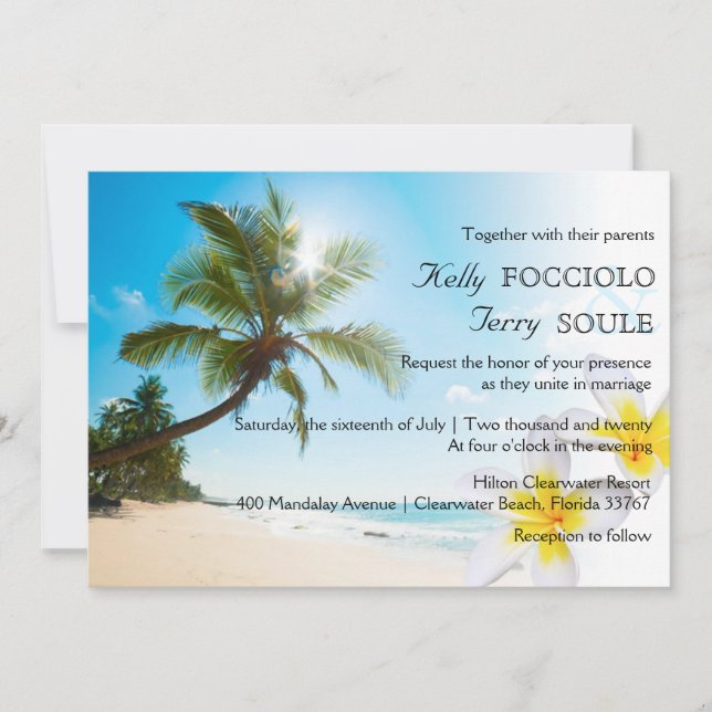 Sunshine Beach Palm Trees Plumerias Wedding Invite (Front)