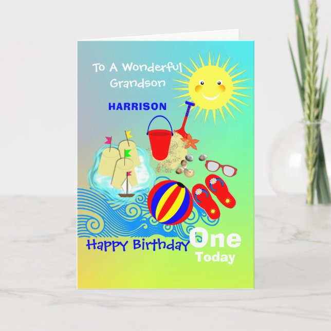 Sunshine Beach Theme Grandson Happy Birthday Card (Front)