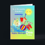 Sunshine Beach Theme Grandson Happy Birthday Card<br><div class="desc">Super cute smiling sunshine over a seaside scene of kids bucket and space along side a fun sand castle; such a fun and colourful design and easy to customise with a name,  age and message,  for that extra special touch at no extra cost.</div>