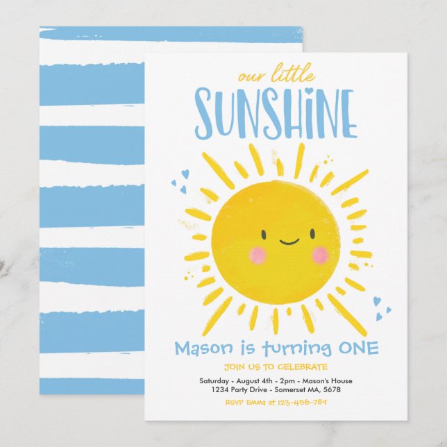 Sunshine Birthday Party Blue Our Little Sunshine Invitation (Front/Back)