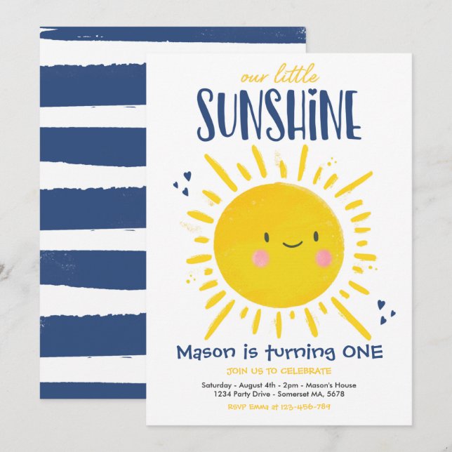Sunshine Birthday Party Navy Our Little Sunshine Invitation (Front/Back)