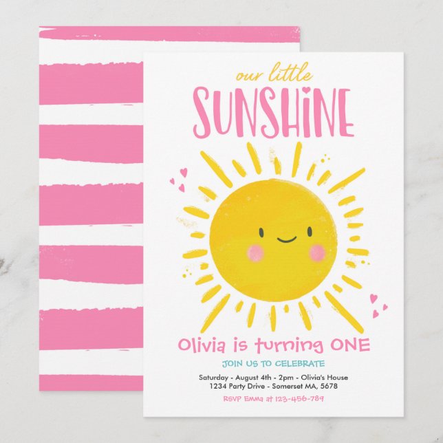 Sunshine Birthday Party Pink Our Little Sunshine Invitation (Front/Back)