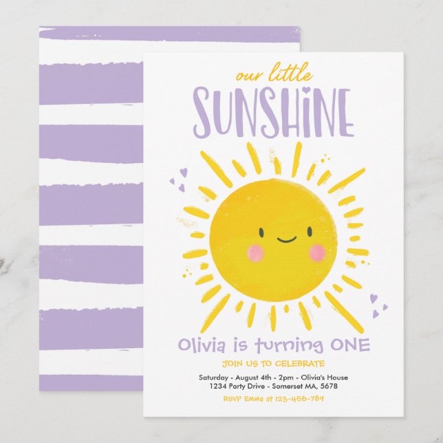 Sunshine Birthday Party Purple Our Little Sunshine Invitation (Front/Back)