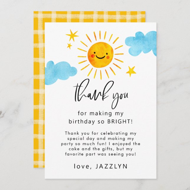 Sunshine Birthday Party Thank You Card (Front/Back)