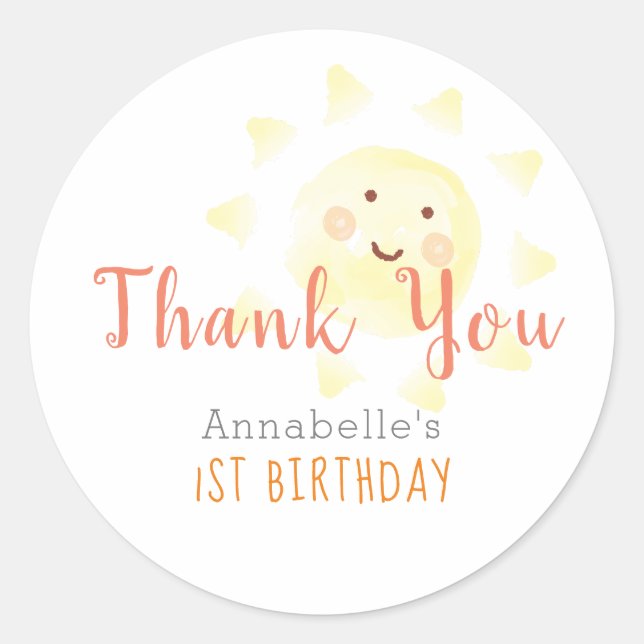 Sunshine Birthday Thank You Classic Round Sticker (Front)