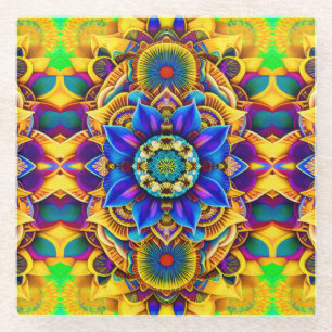Sunshine Blue Accent  Mandala Glass Coaster