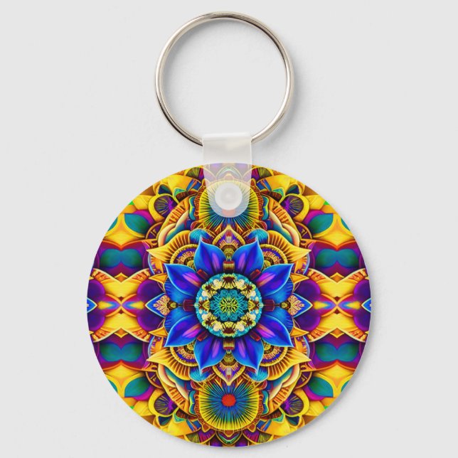 Sunshine Blue Accent  Mandala Key Ring (Front)