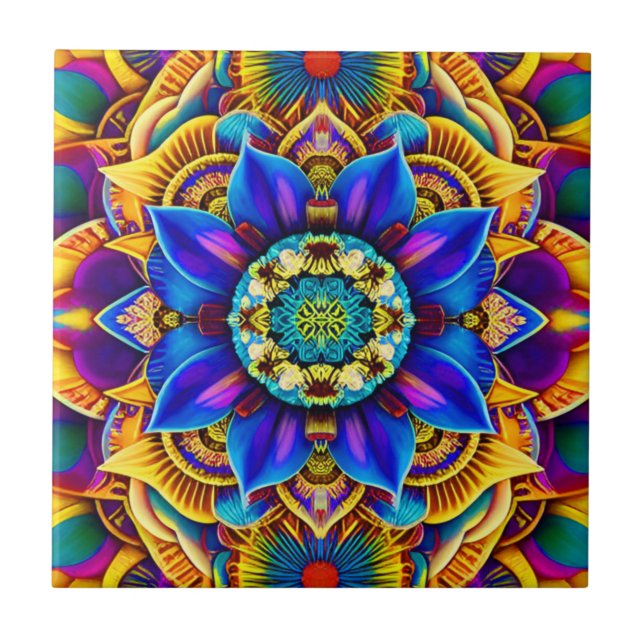 Sunshine Blue Mandala  Ceramic Tile (Front)