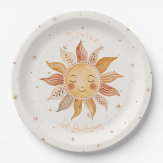 Sunshine Boho Pink Sun 1st Birthday Paper Plate