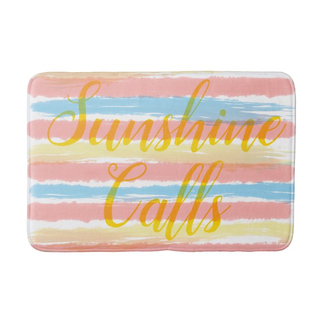 Sunshine Calls Pink Blue Yellow Watercolor Stripes Bath Mat (Front)