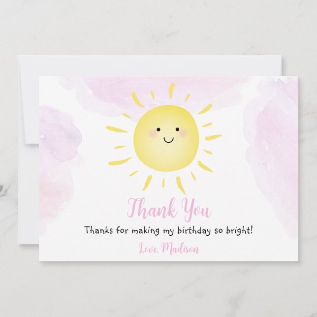 Sunshine Clouds Pink Birthday Thank You Invitation (Front)