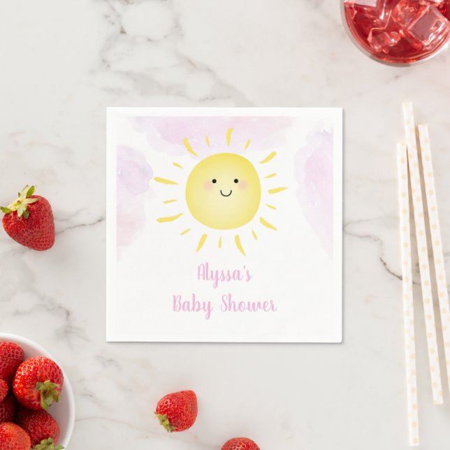 Sunshine Clouds Pink Girl Baby Shower Napkin (Insitu)
