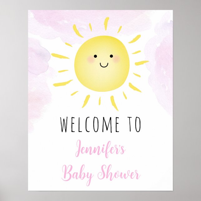 Sunshine Clouds Pink Girl Baby Shower Welcome Poster (Front)