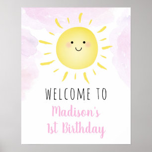 Sunshine Clouds Pink Girl Birthday Welcome Poster