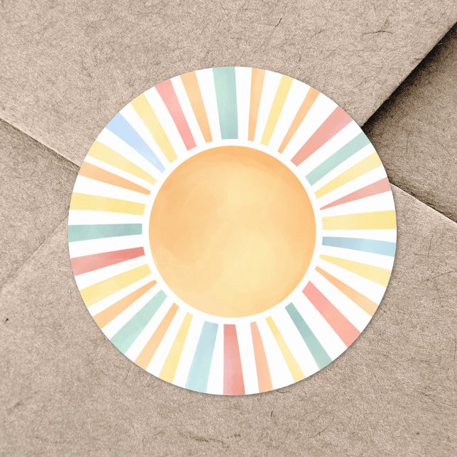 Sunshine Colourful Watercolor Sun Classic Round Sticker (Sunshine Colorful Watercolor Sun Classic Round Sticker)