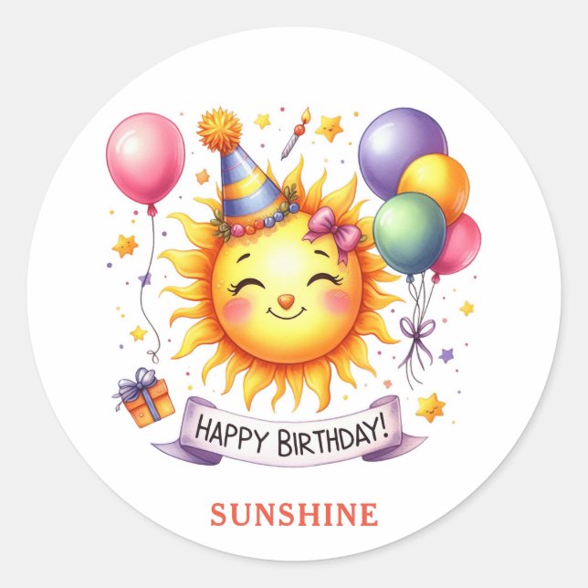 Sunshine Custom Name Happy Birthday Classic Round Sticker (Front)