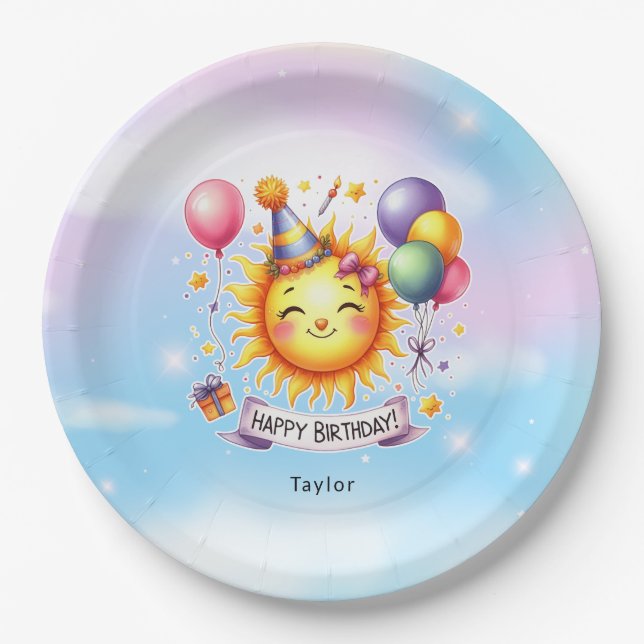 Sunshine Custom Name Happy Birthday Paper Plates (Front)