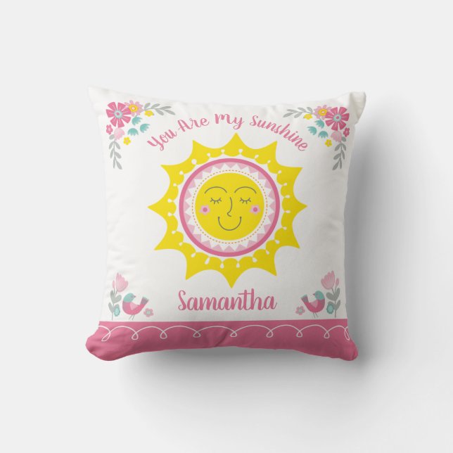 Sunshine Cute Yellow Pink Personalised Baby Nusery Cushion (Front)