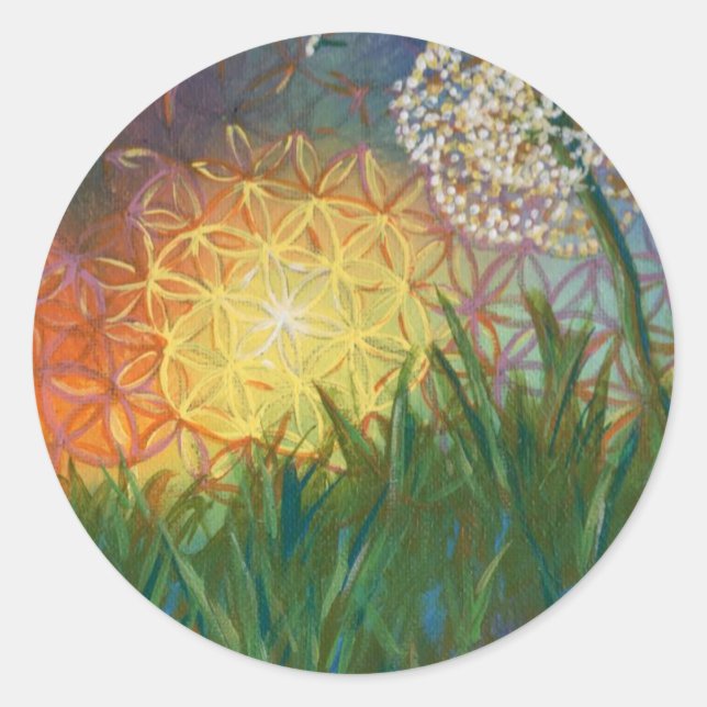 Sunshine Dandelion Sacred Geometry Landscape Classic Round Sticker (Front)