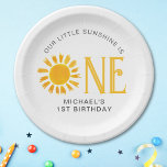 Sunshine First Birthday Paper Plate<br><div class="desc">Are you planning a first birthday party? These cute sunshine first birthday party paper plates are decorated with a yellow watercolor sun. They are easily customisable. Original Watercolor © Michele Davies.</div>