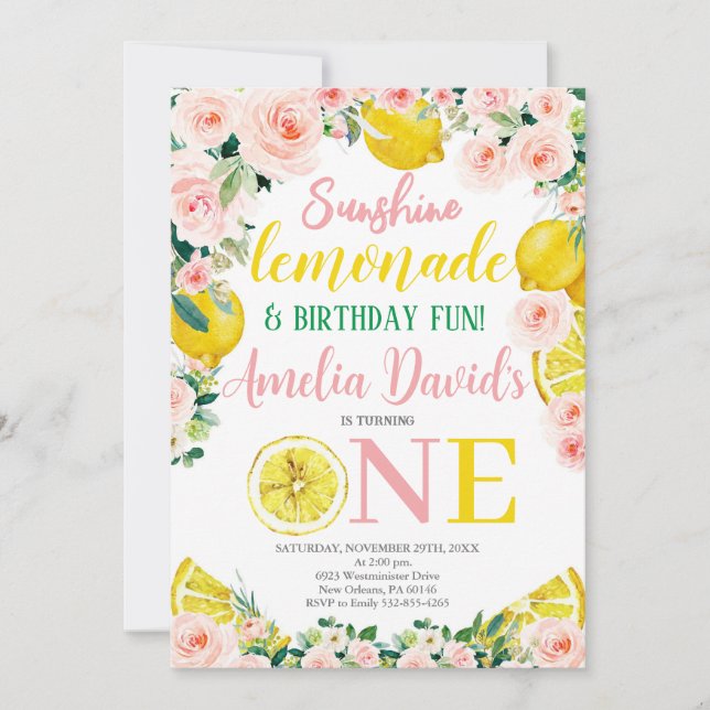 Sunshine Lemon Lemonade and Fun First Birthday Invitation (Front)