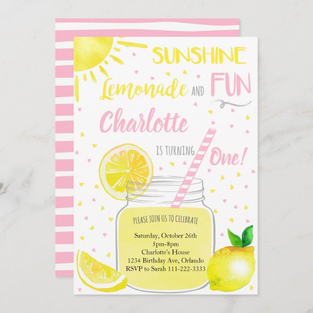 Sunshine Lemonade and Fun Birthday Invitation (Front/Back)