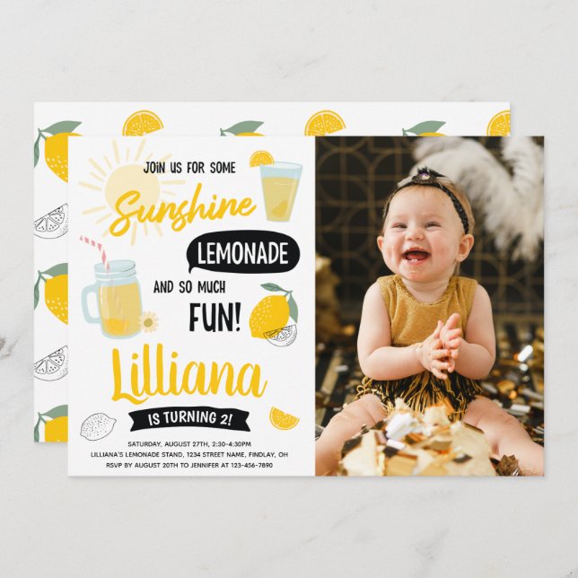 Sunshine Lemonade & Fun Any Age Photo Birthday Invitation (Front/Back)