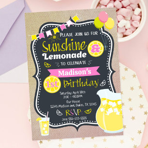 Sunshine Lemonade Girl Pink Summer Birthday Invitation