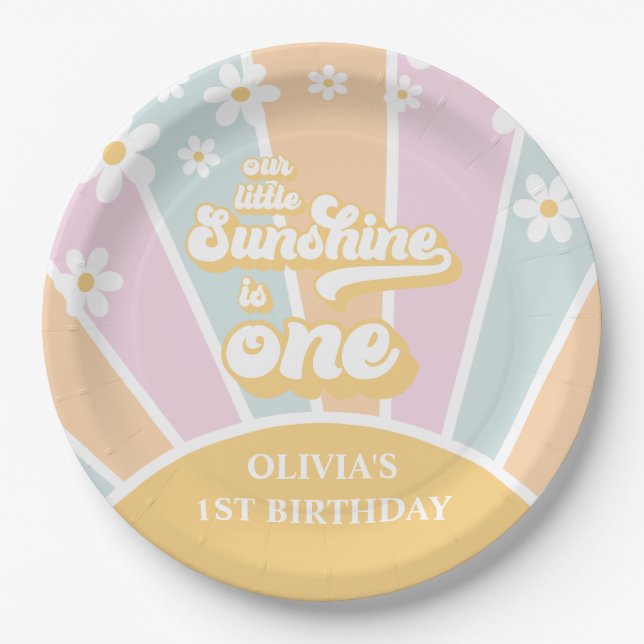 Sunshine pastel Retro daisy boho first birthday Paper Plate (Front)
