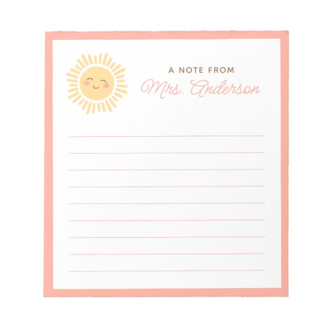 Sunshine Personalized Teacher Appreciation Gift Notepad (Front)