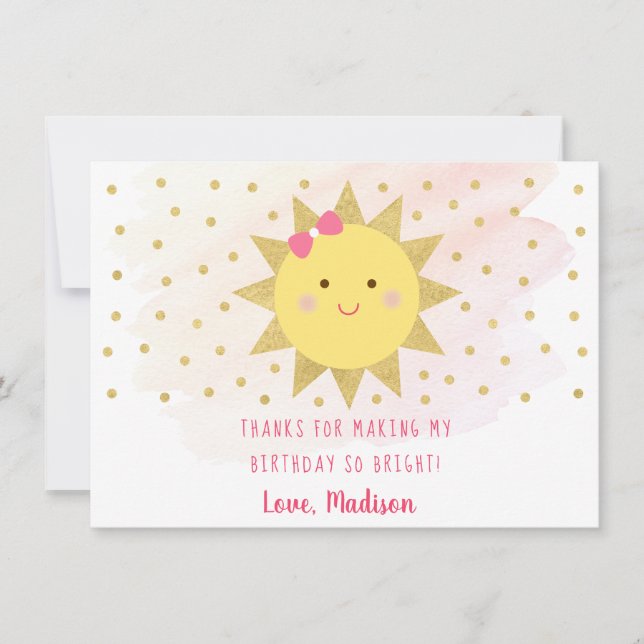 Sunshine Pink & Gold Birthday Thank You Card (Front)