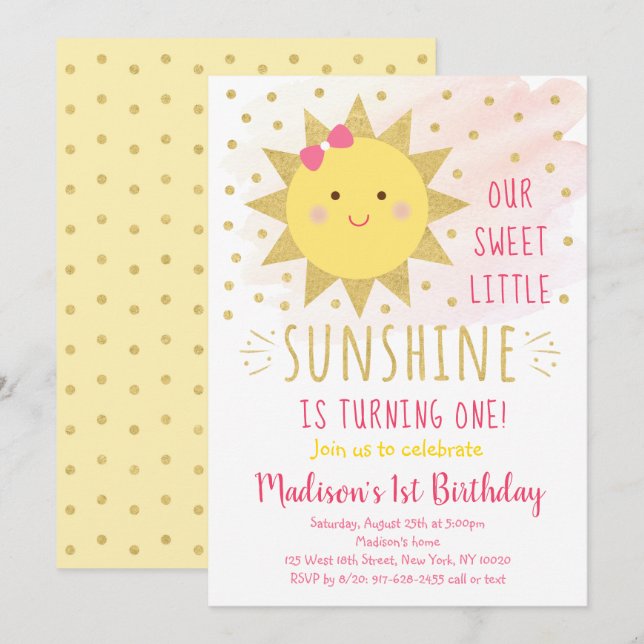Sunshine Pink & Gold First Birthday Invitation (Front/Back)