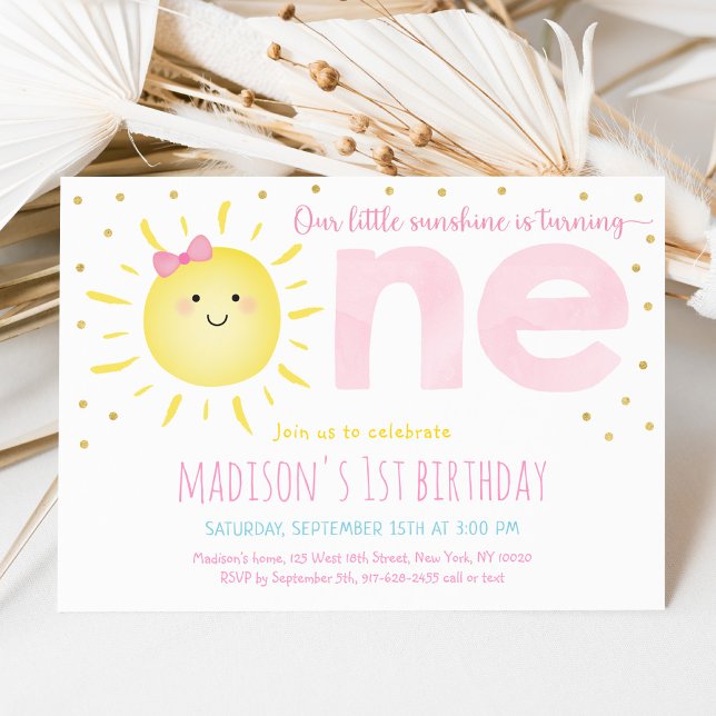 Sunshine Pink Gold First Birthday Invitation (Creator Uploaded)