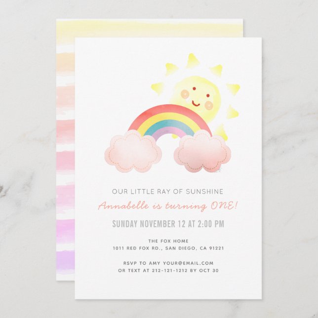 Sunshine & Rainbow Girl 1st Birthday Party Invitation (Front/Back)