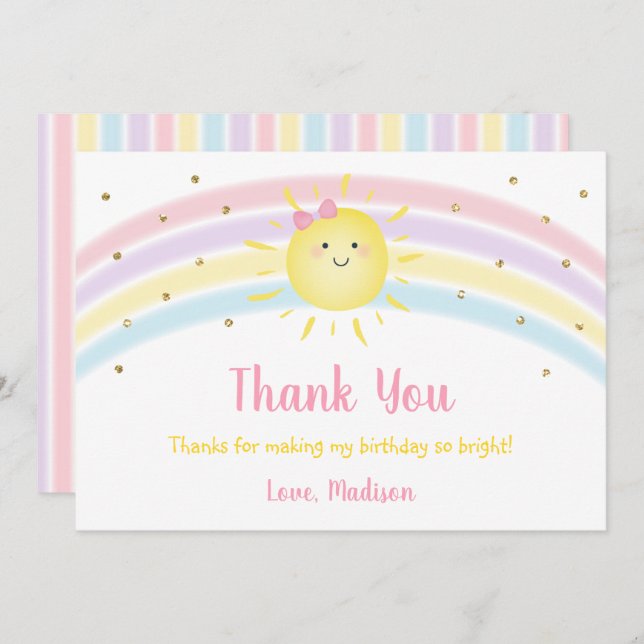 Sunshine Rainbow Pink Gold Birthday Thank You Invitation (Front/Back)